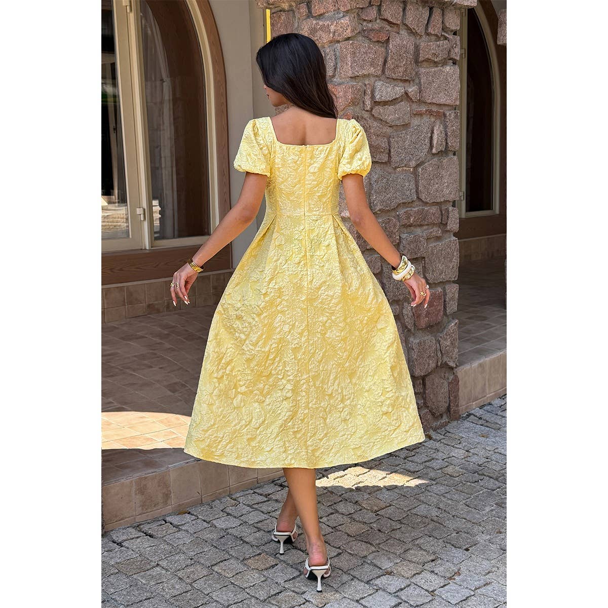 Solid Square Neck Puff Sleeve Midi Dress - MVTFASHION.COM