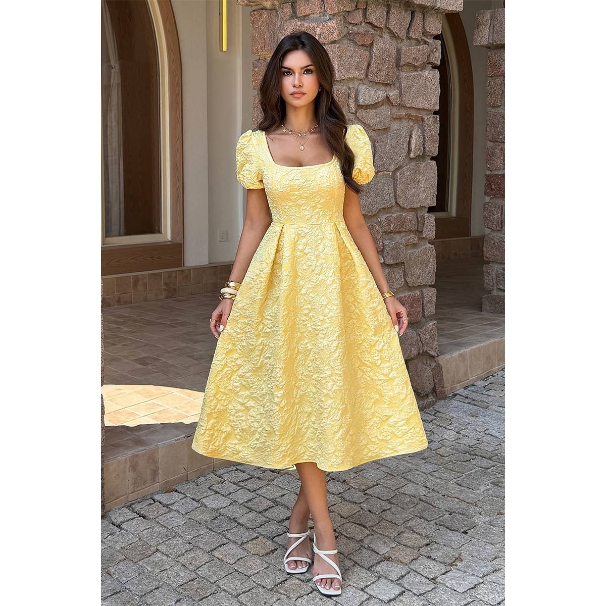 Solid Square Neck Puff Sleeve Midi Dress - MVTFASHION.COM
