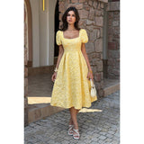 Solid Square Neck Puff Sleeve Midi Dress - MVTFASHION.COM