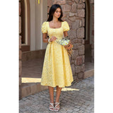 Solid Square Neck Puff Sleeve Midi Dress - MVTFASHION.COM
