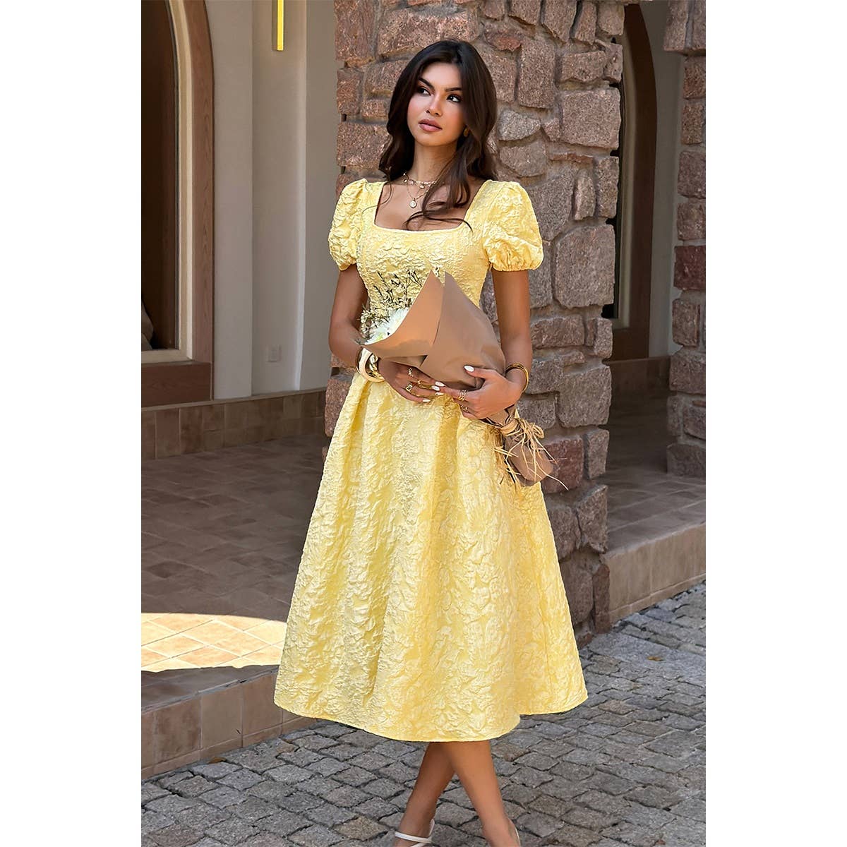 Solid Square Neck Puff Sleeve Midi Dress - MVTFASHION.COM