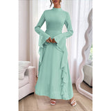 Solid Stand Collar Flare Sleeve Ruffle Full Dress - MVTFASHION.COM