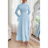 Solid Stand Collar Flare Sleeve Ruffle Full Dress - MVTFASHION.COM