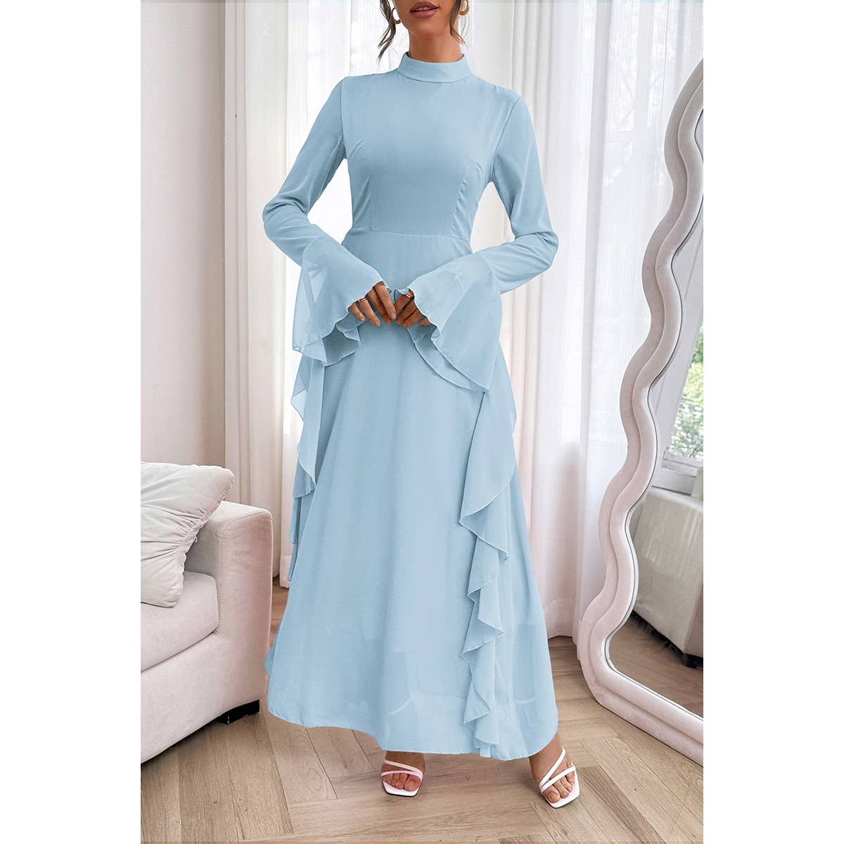 Solid Stand Collar Flare Sleeve Ruffle Full Dress - MVTFASHION.COM