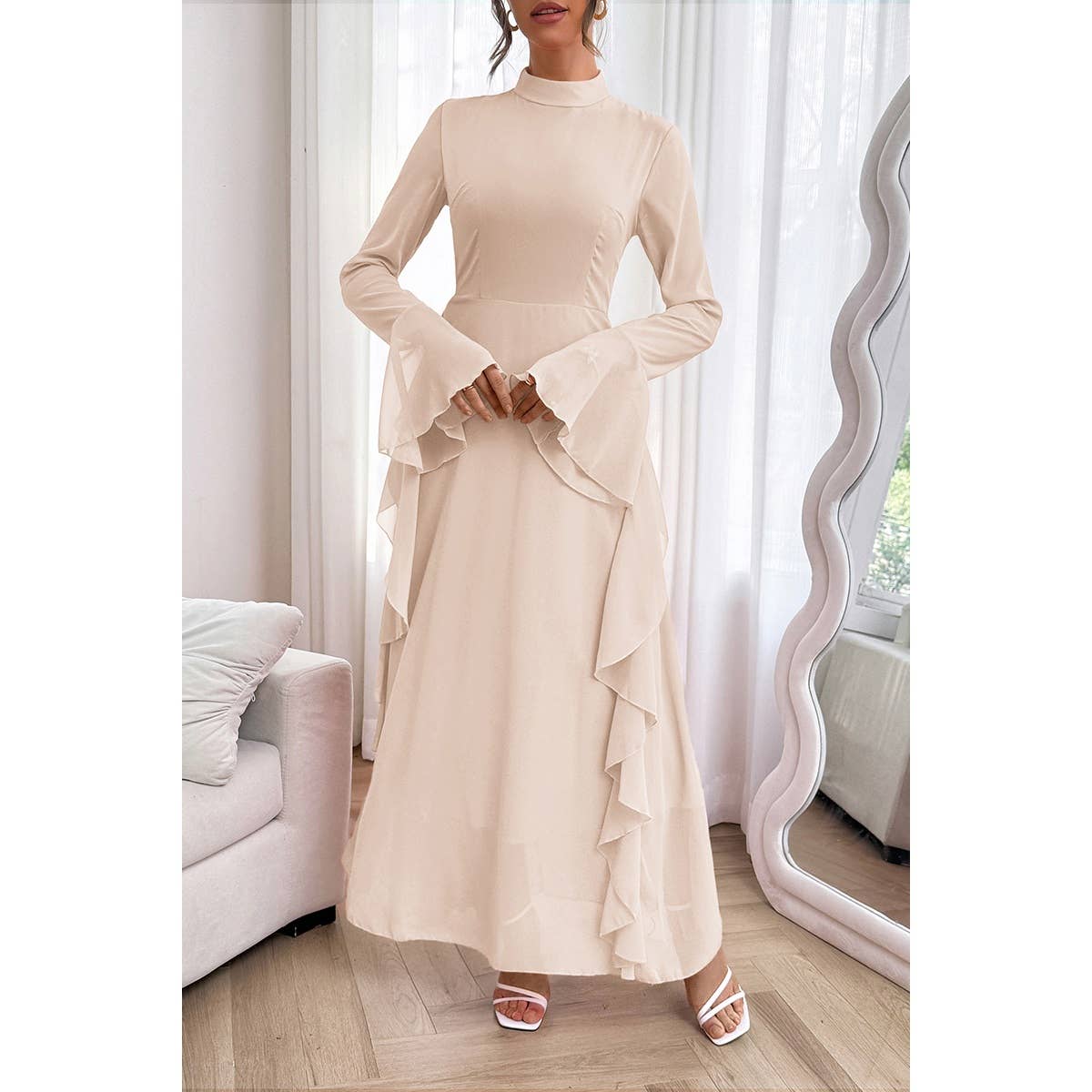 Solid Stand Collar Flare Sleeve Ruffle Full Dress - MVTFASHION.COM