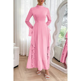 Solid Stand Collar Flare Sleeve Ruffle Full Dress - MVTFASHION.COM