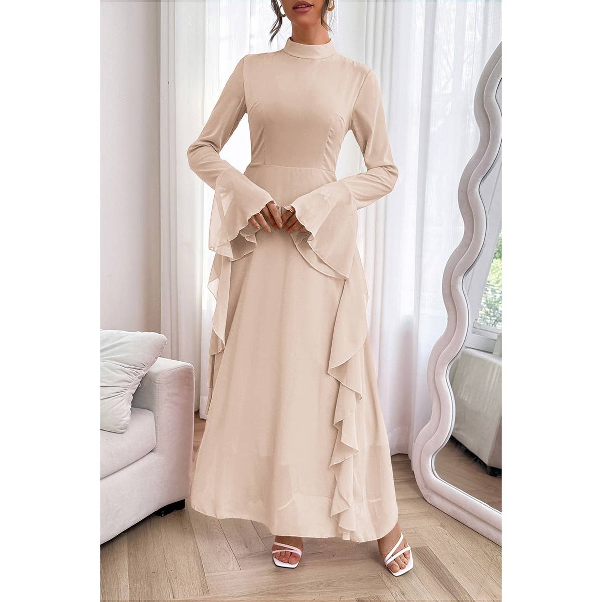 Solid Stand Collar Flare Sleeve Ruffle Full Dress - MVTFASHION.COM