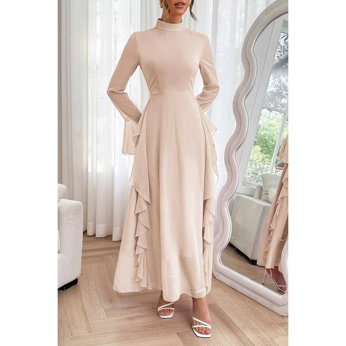 Solid Stand Collar Flare Sleeve Ruffle Full Dress - MVTFASHION.COM