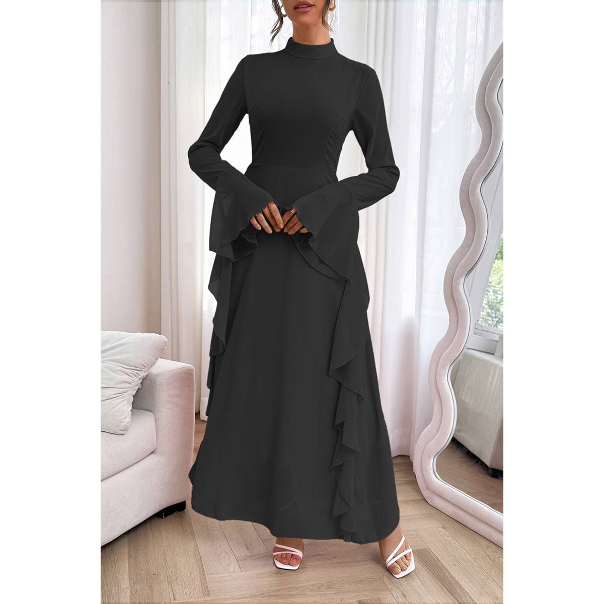 Solid Stand Collar Flare Sleeve Ruffle Full Dress - MVTFASHION.COM