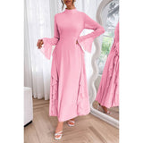 Solid Stand Collar Flare Sleeve Ruffle Full Dress - MVTFASHION.COM