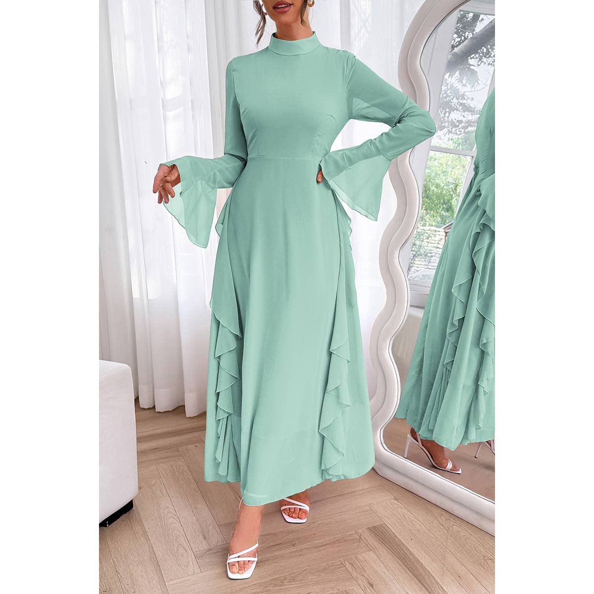 Solid Stand Collar Flare Sleeve Ruffle Full Dress - MVTFASHION.COM