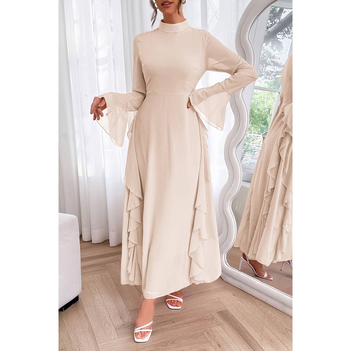 Solid Stand Collar Flare Sleeve Ruffle Full Dress - MVTFASHION.COM