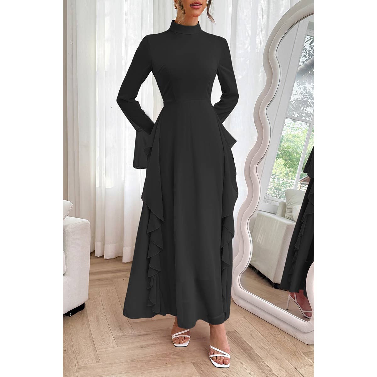Solid Stand Collar Flare Sleeve Ruffle Full Dress - MVTFASHION.COM