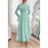 Solid Stand Collar Flare Sleeve Ruffle Full Dress - MVTFASHION.COM