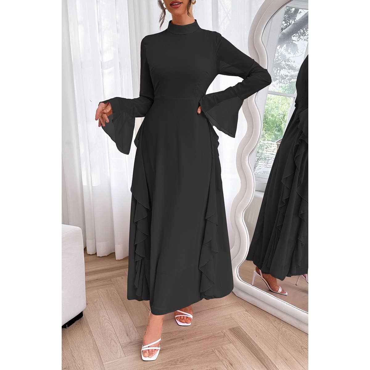 Solid Stand Collar Flare Sleeve Ruffle Full Dress - MVTFASHION.COM