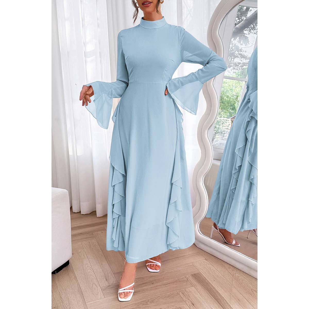 Solid Stand Collar Flare Sleeve Ruffle Full Dress - MVTFASHION.COM