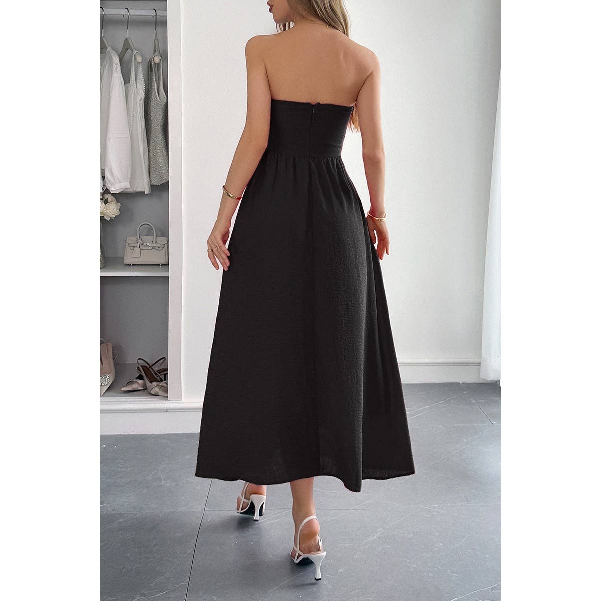 Solid Strapless Slim Waist Hide Zipper Long Dress - MVTFASHION.COM