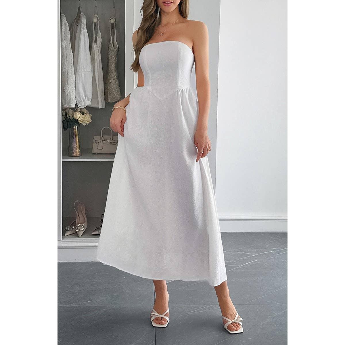 Solid Strapless Slim Waist Hide Zipper Long Dress - MVTFASHION.COM