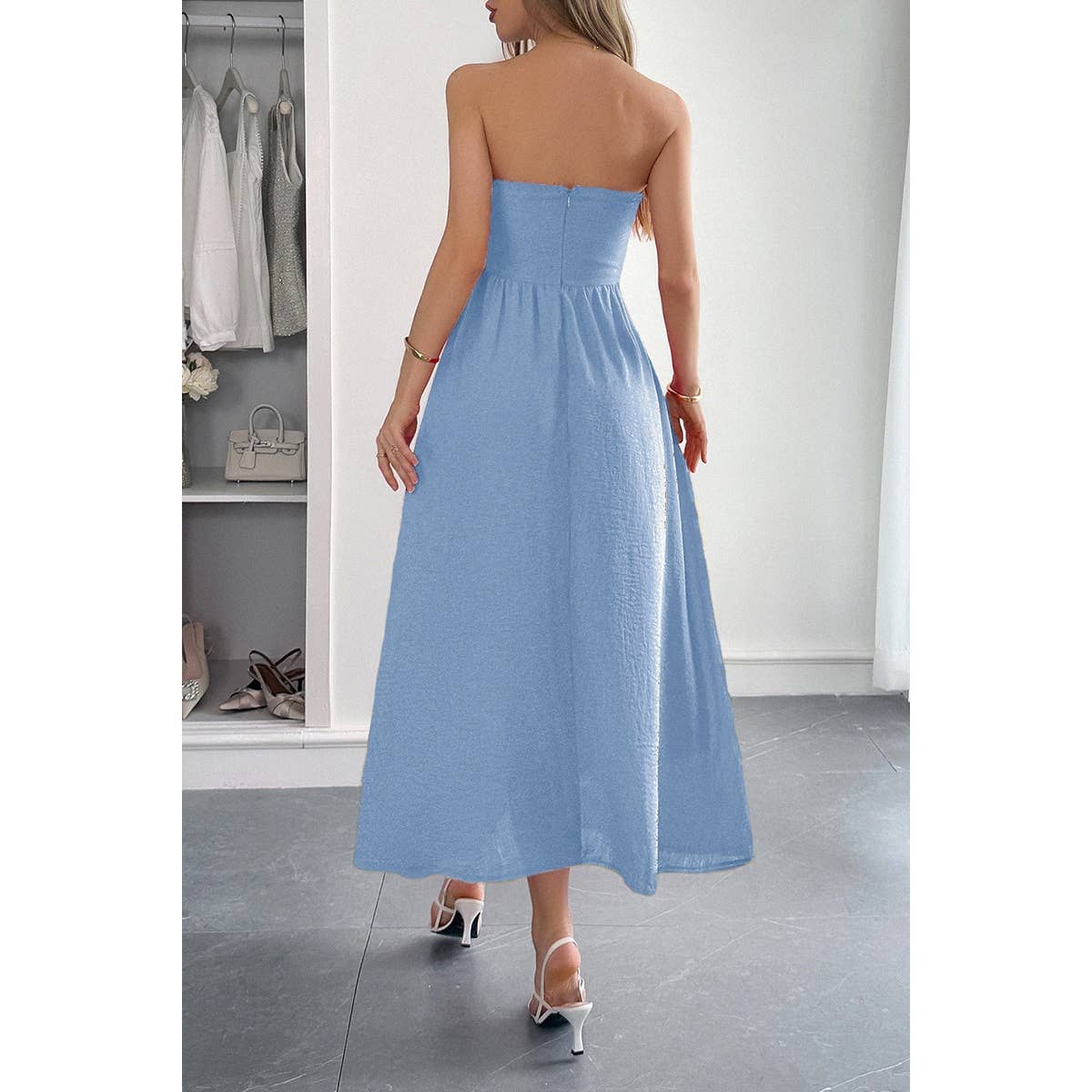 Solid Strapless Slim Waist Hide Zipper Long Dress - MVTFASHION.COM