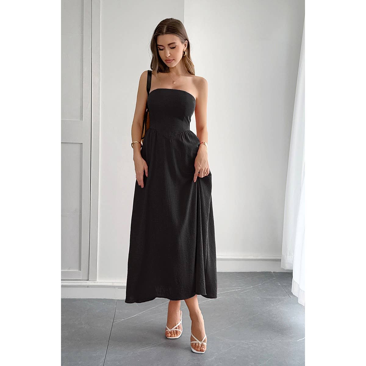 Solid Strapless Slim Waist Hide Zipper Long Dress - MVTFASHION.COM