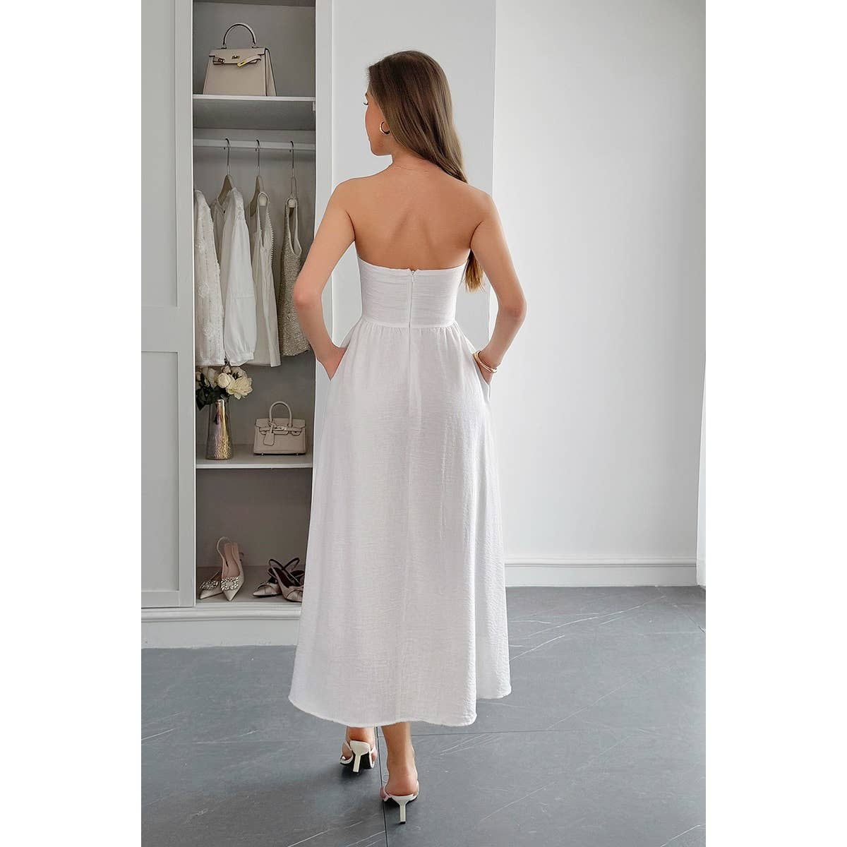 Solid Strapless Slim Waist Hide Zipper Long Dress - MVTFASHION.COM