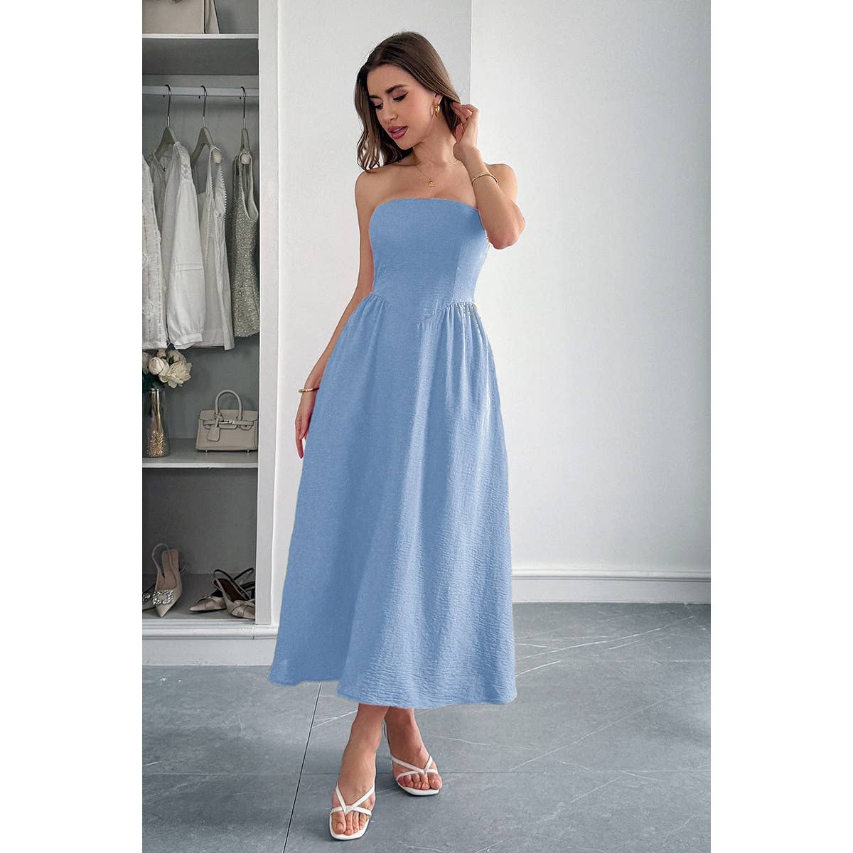 Solid Strapless Slim Waist Hide Zipper Long Dress - MVTFASHION.COM