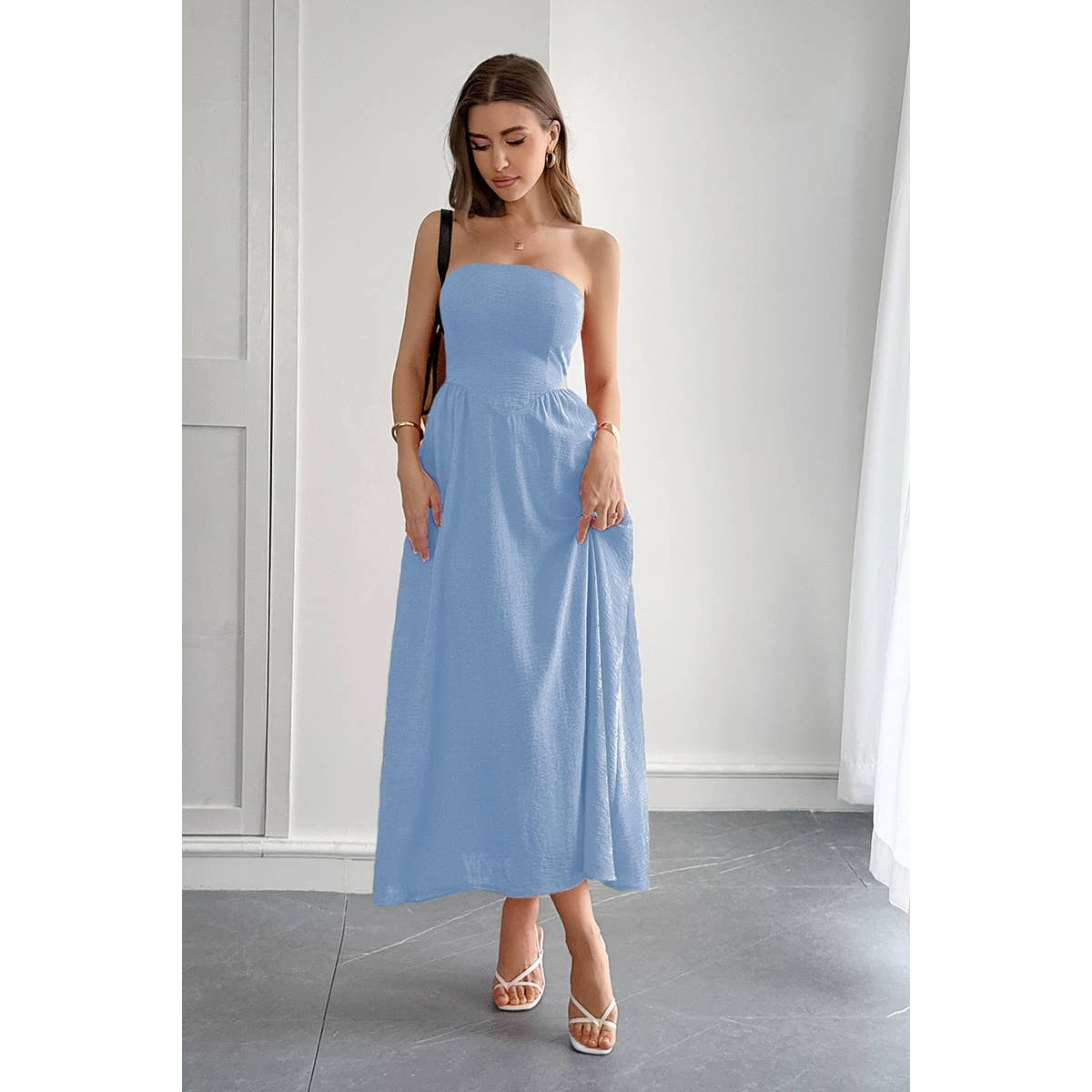 Solid Strapless Slim Waist Hide Zipper Long Dress - MVTFASHION.COM