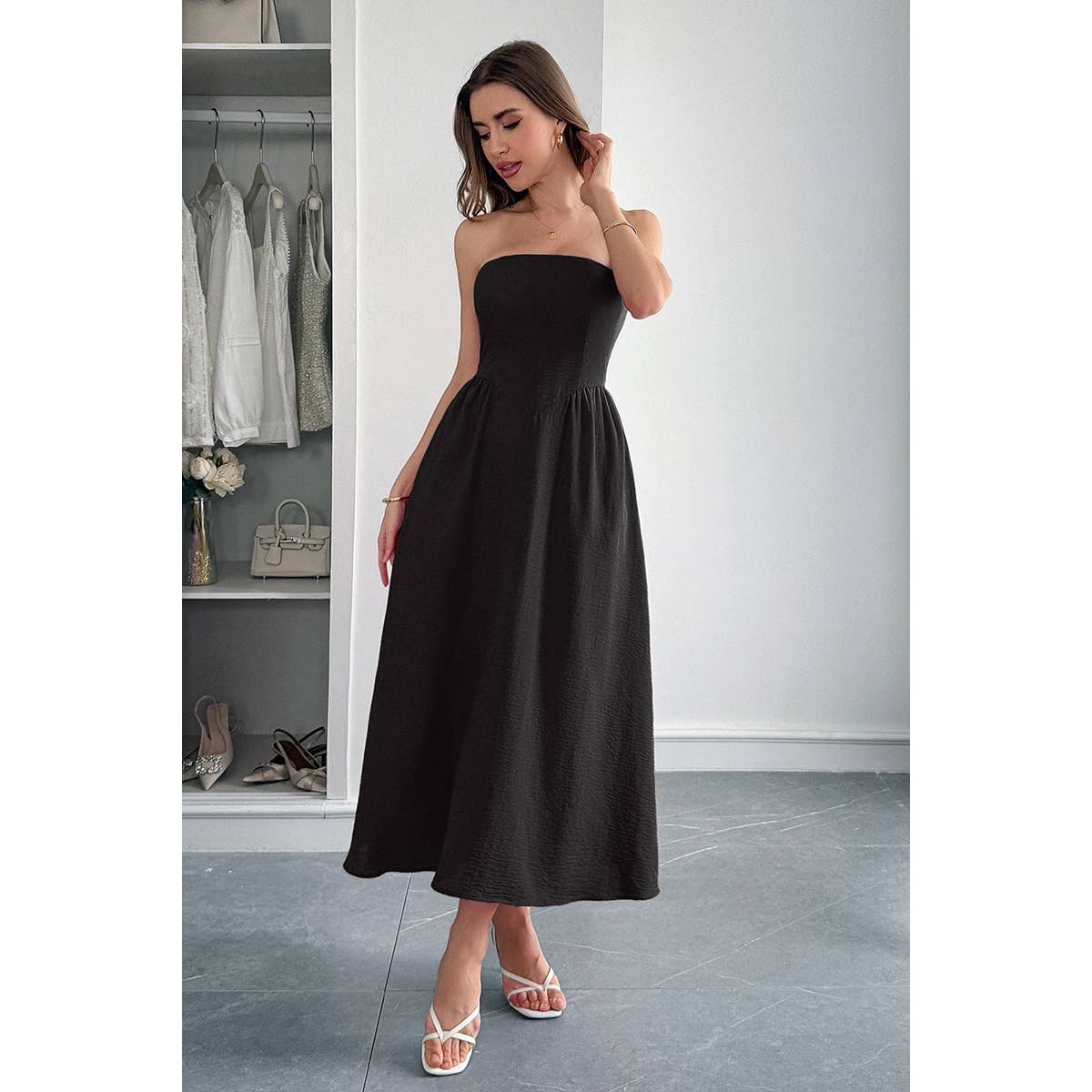 Solid Strapless Slim Waist Hide Zipper Long Dress - MVTFASHION.COM