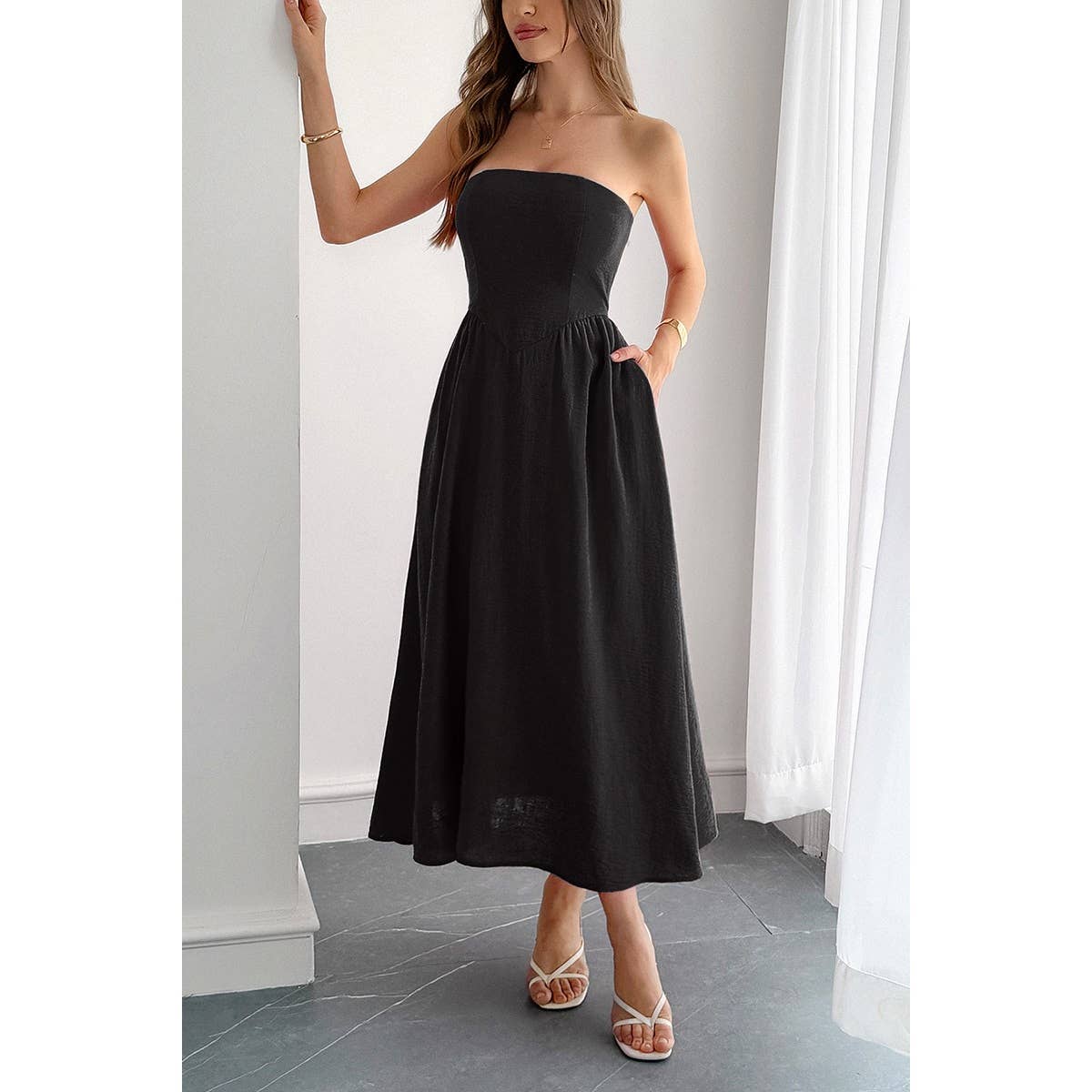 Solid Strapless Slim Waist Hide Zipper Long Dress - MVTFASHION.COM