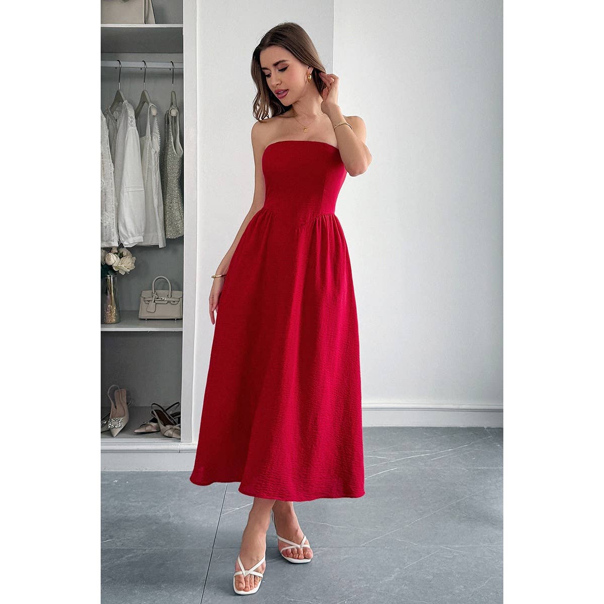 Solid Strapless Slim Waist Hide Zipper Long Dress - MVTFASHION.COM