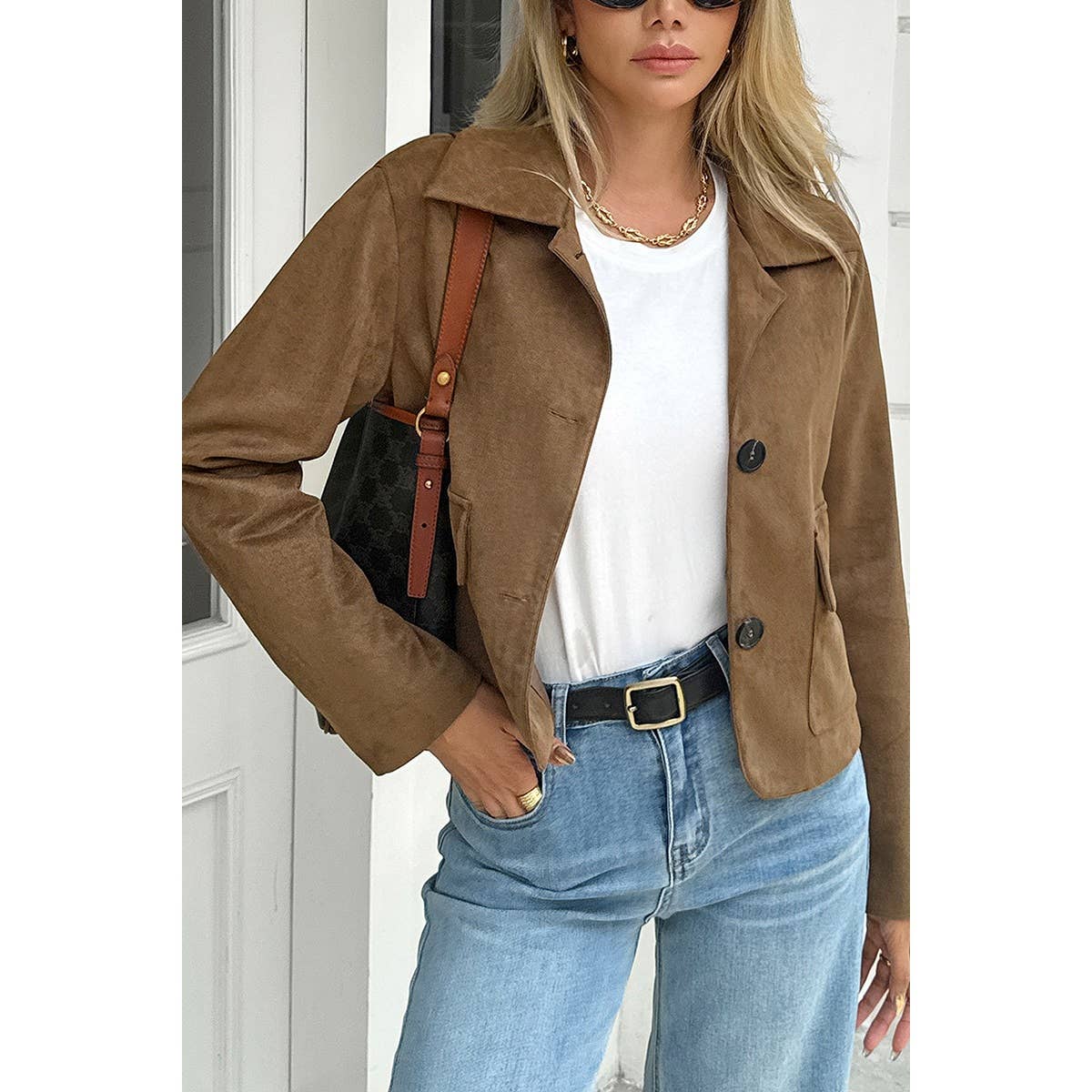 Solid Suit Lapel Faux Suede Leather Jacket - MVTFASHION.COM