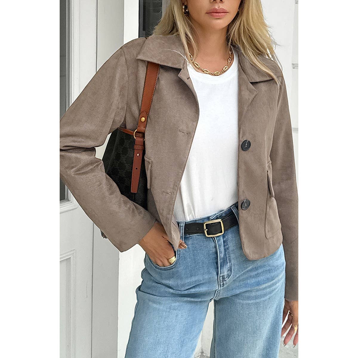 Solid Suit Lapel Faux Suede Leather Jacket - MVTFASHION.COM