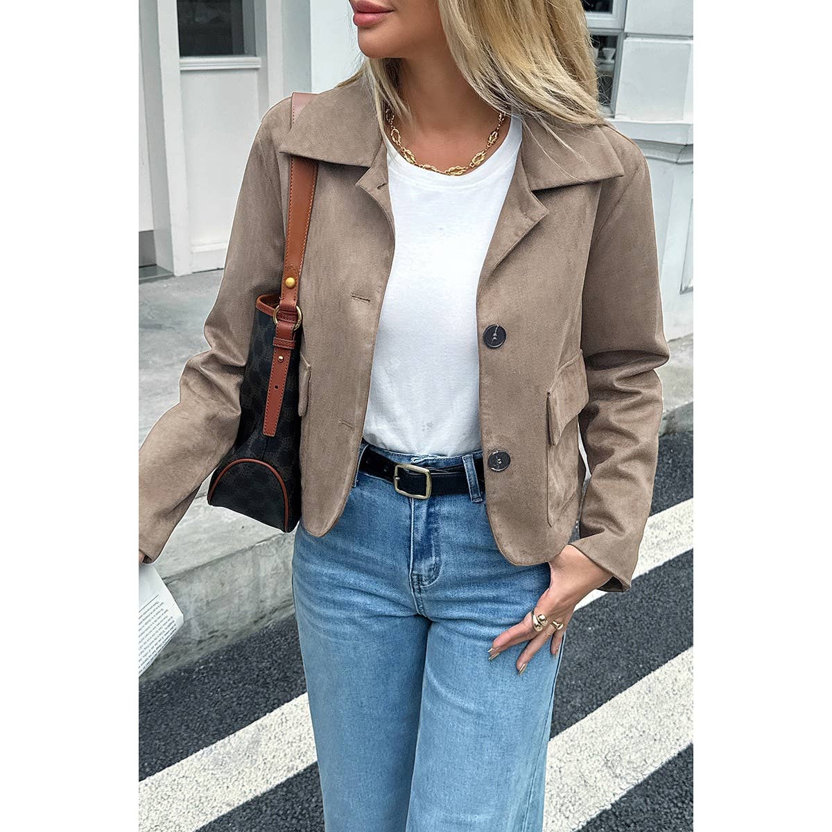 Solid Suit Lapel Faux Suede Leather Jacket - MVTFASHION.COM