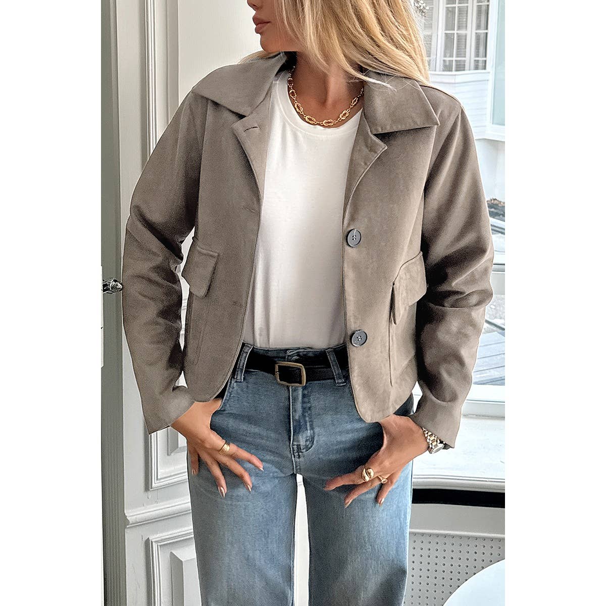 Solid Suit Lapel Faux Suede Leather Jacket - MVTFASHION.COM