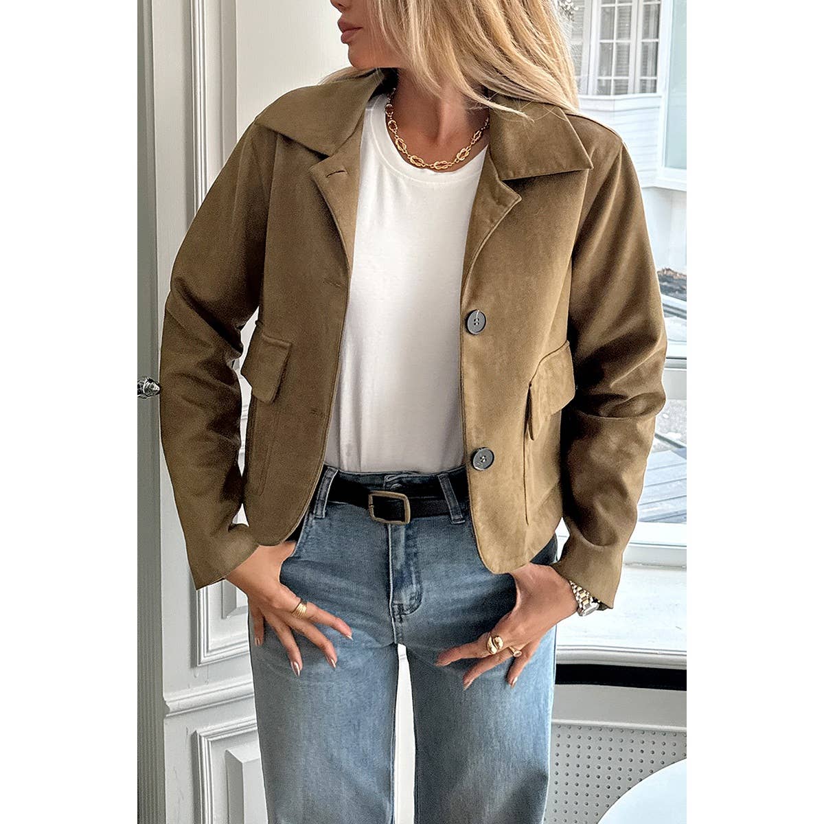 Solid Suit Lapel Faux Suede Leather Jacket - MVTFASHION.COM