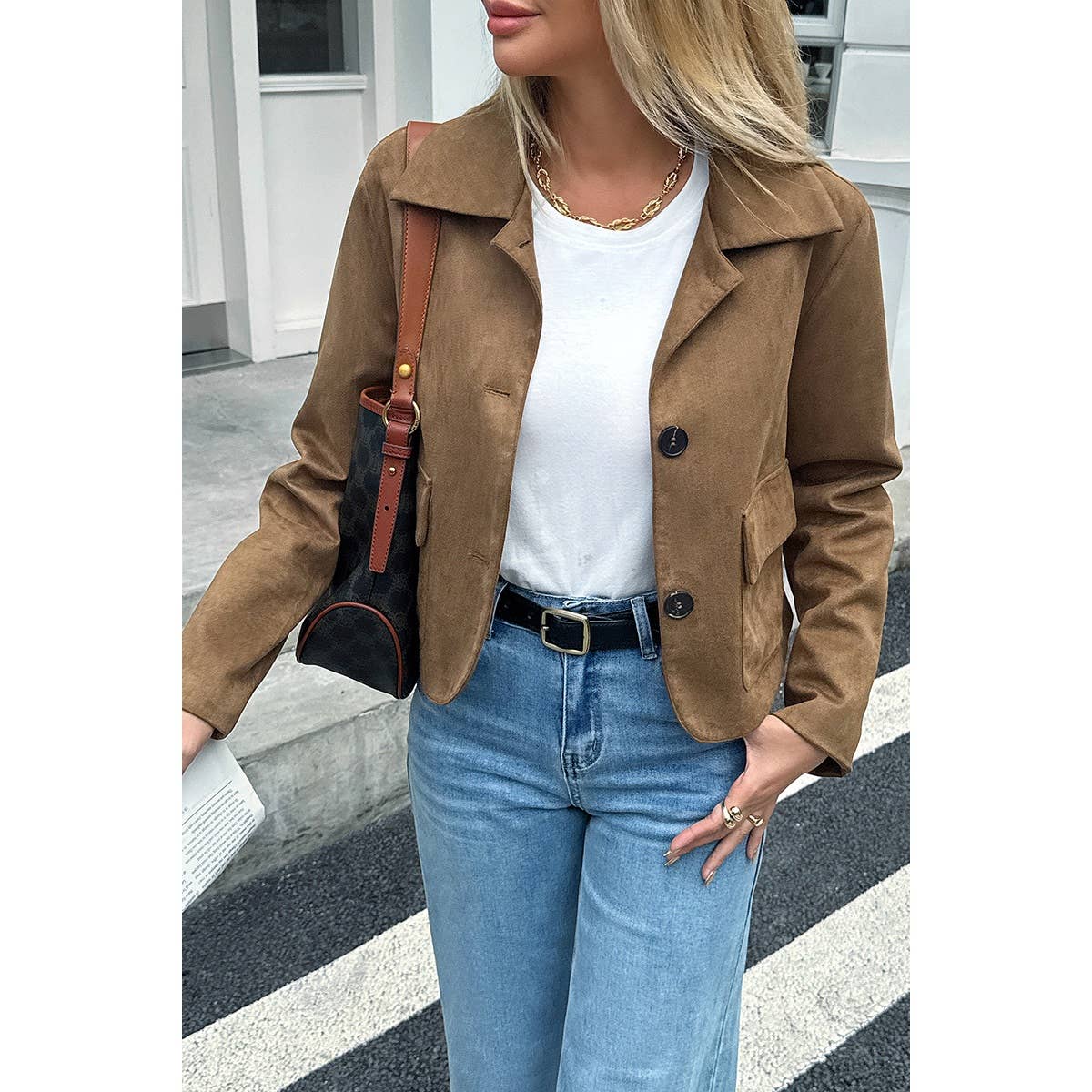 Solid Suit Lapel Faux Suede Leather Jacket - MVTFASHION.COM