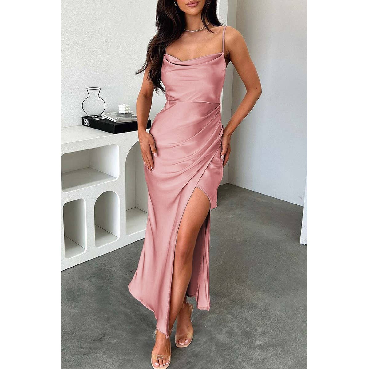 Solid Suqare Neck Sleeveless Ruched Split Dress - MVTFASHION.COM