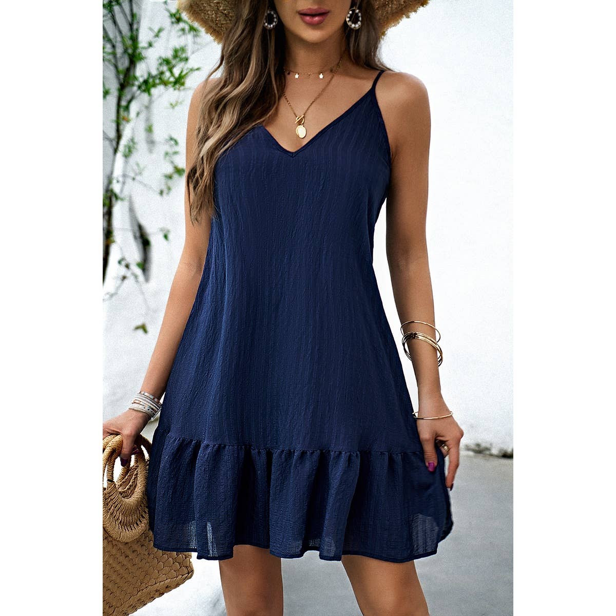 Solid Suspenders Sleeveless Ruffle Hem Fit Dress - MVTFASHION.COM