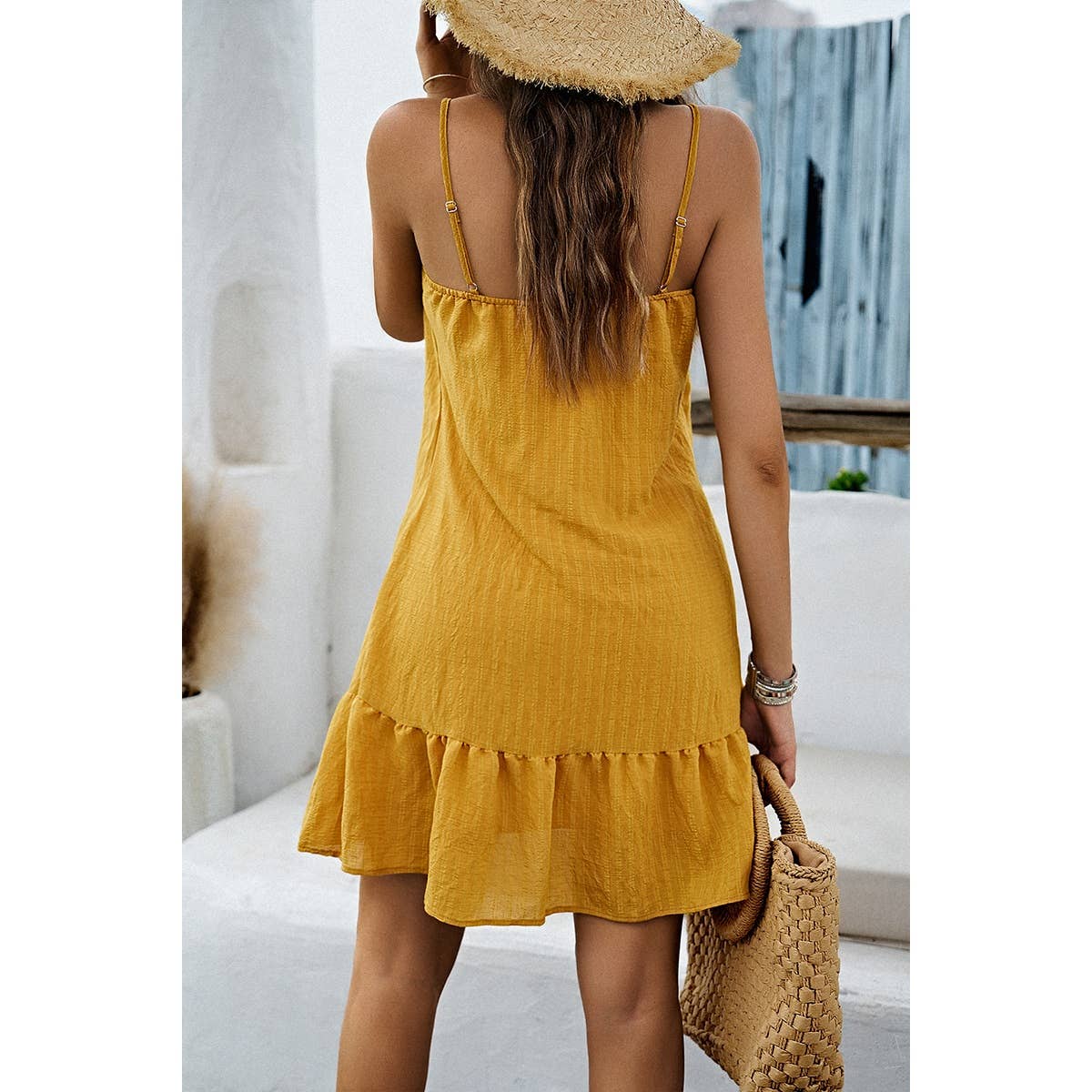 Solid Suspenders Sleeveless Ruffle Hem Fit Dress - MVTFASHION.COM