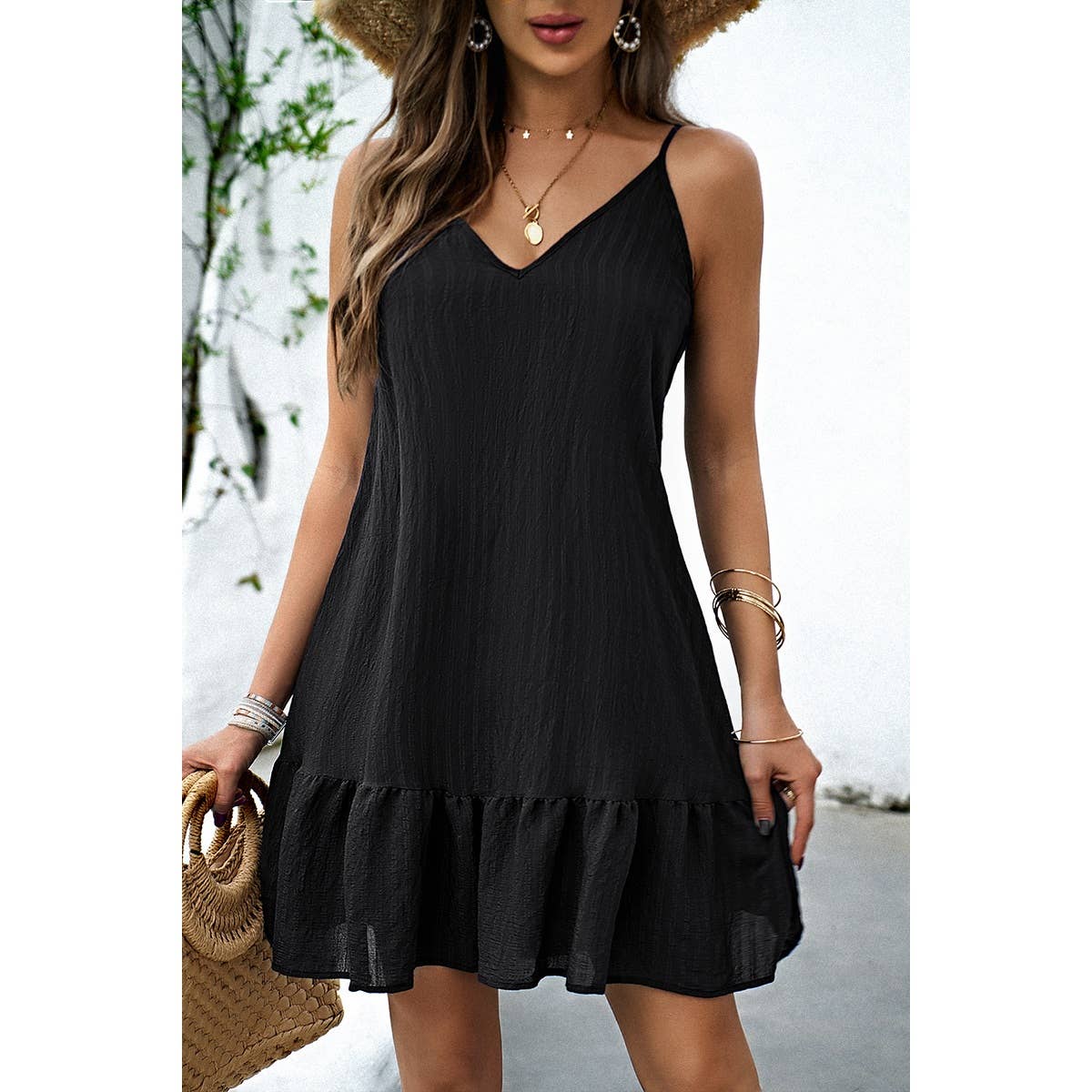 Solid Suspenders Sleeveless Ruffle Hem Fit Dress - MVTFASHION.COM