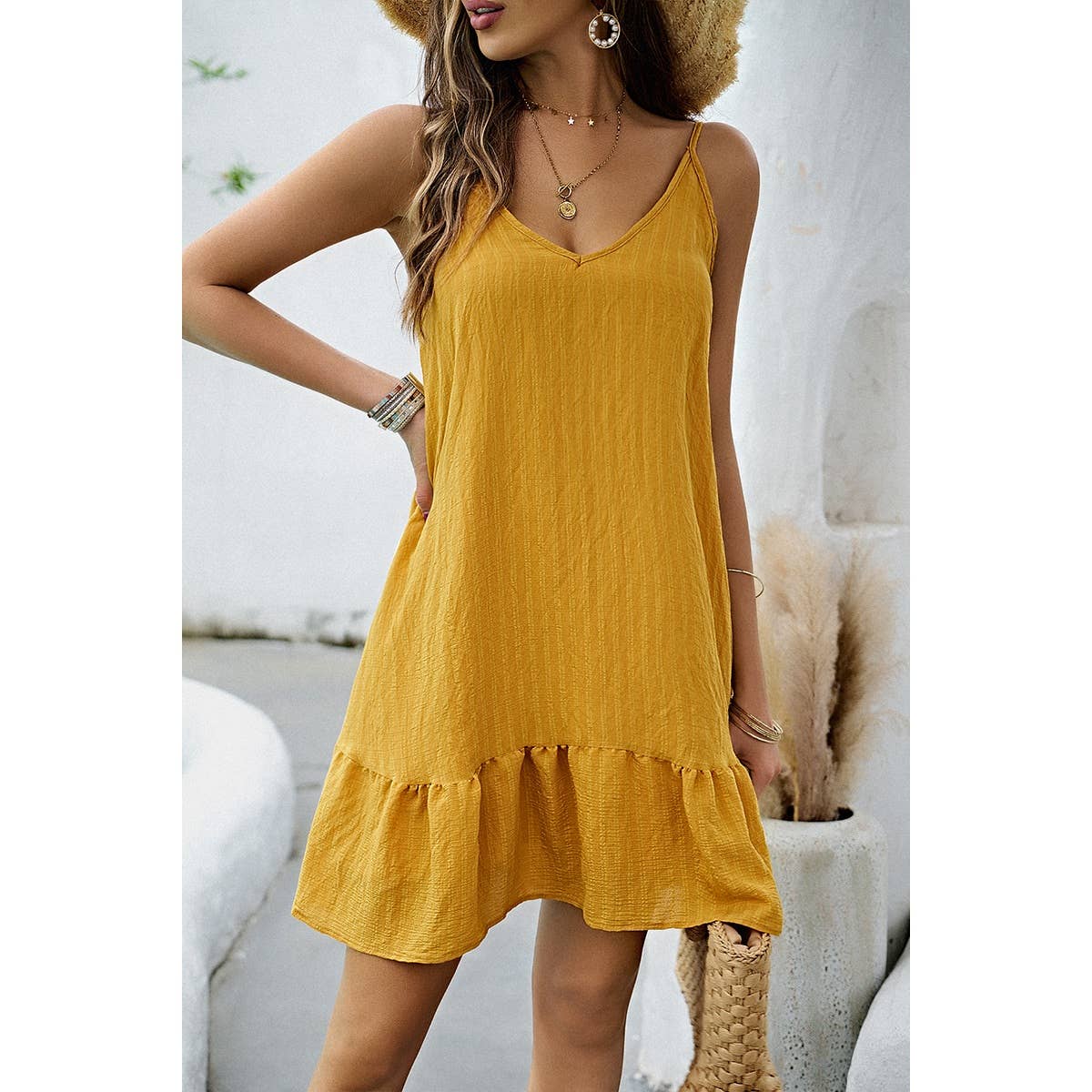 Solid Suspenders Sleeveless Ruffle Hem Fit Dress - MVTFASHION.COM