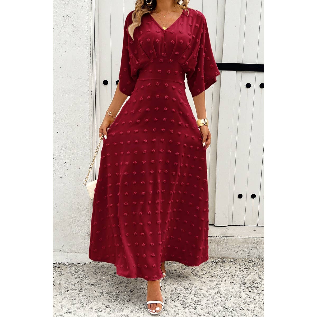 Solid Swiss Dot Drop Shoulder Fit Full Dress - MVTFASHION.COM