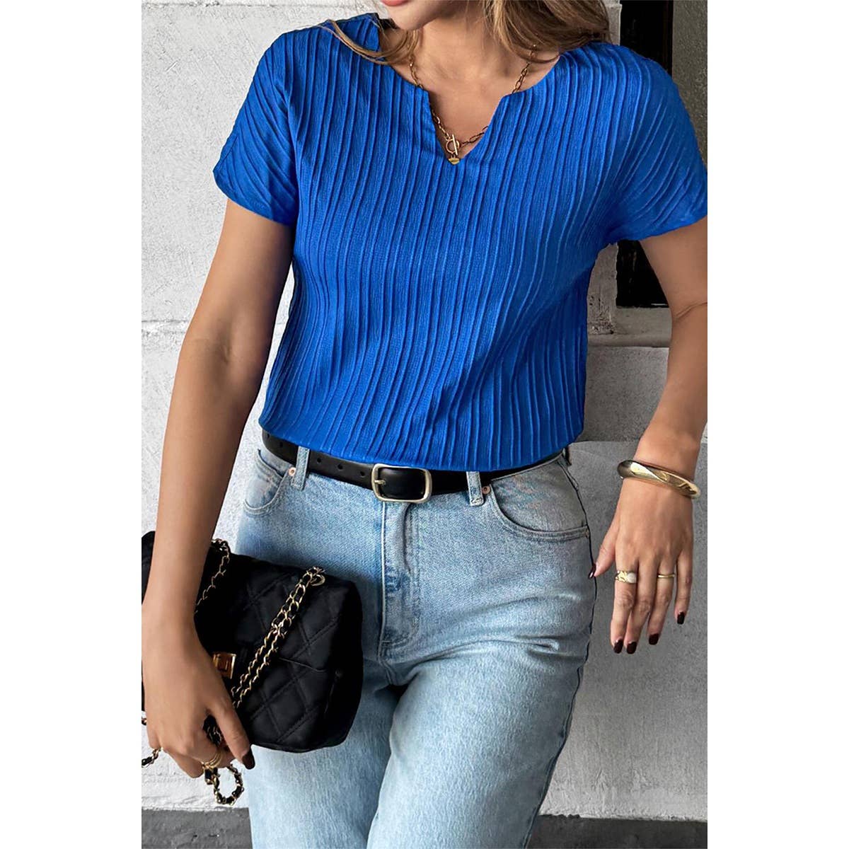 Solid Textured Notched Short Sleeve Blouse - MVTFASHION.COM