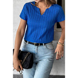 Solid Textured Notched Short Sleeve Blouse - MVTFASHION.COM