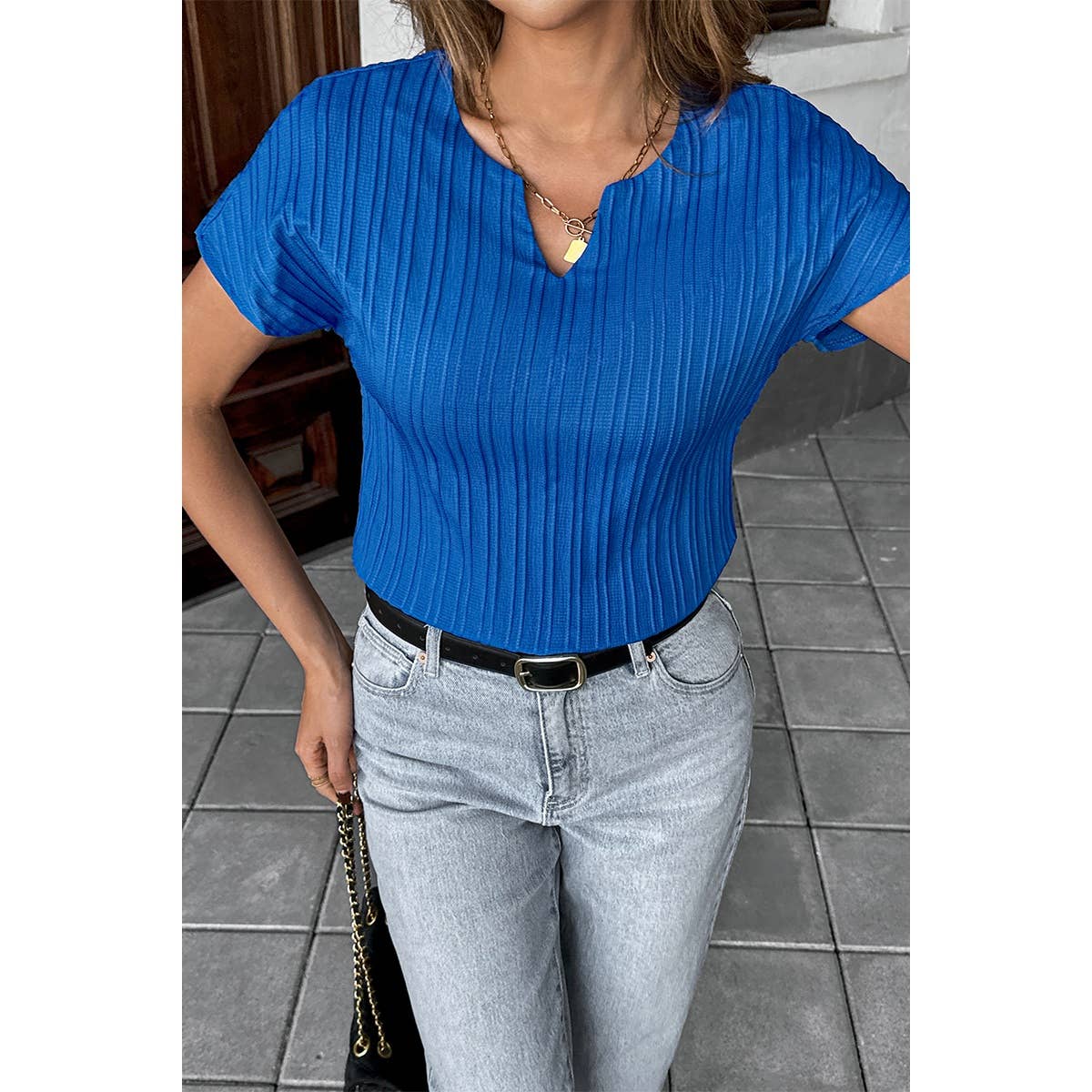 Solid Textured Notched Short Sleeve Blouse - MVTFASHION.COM