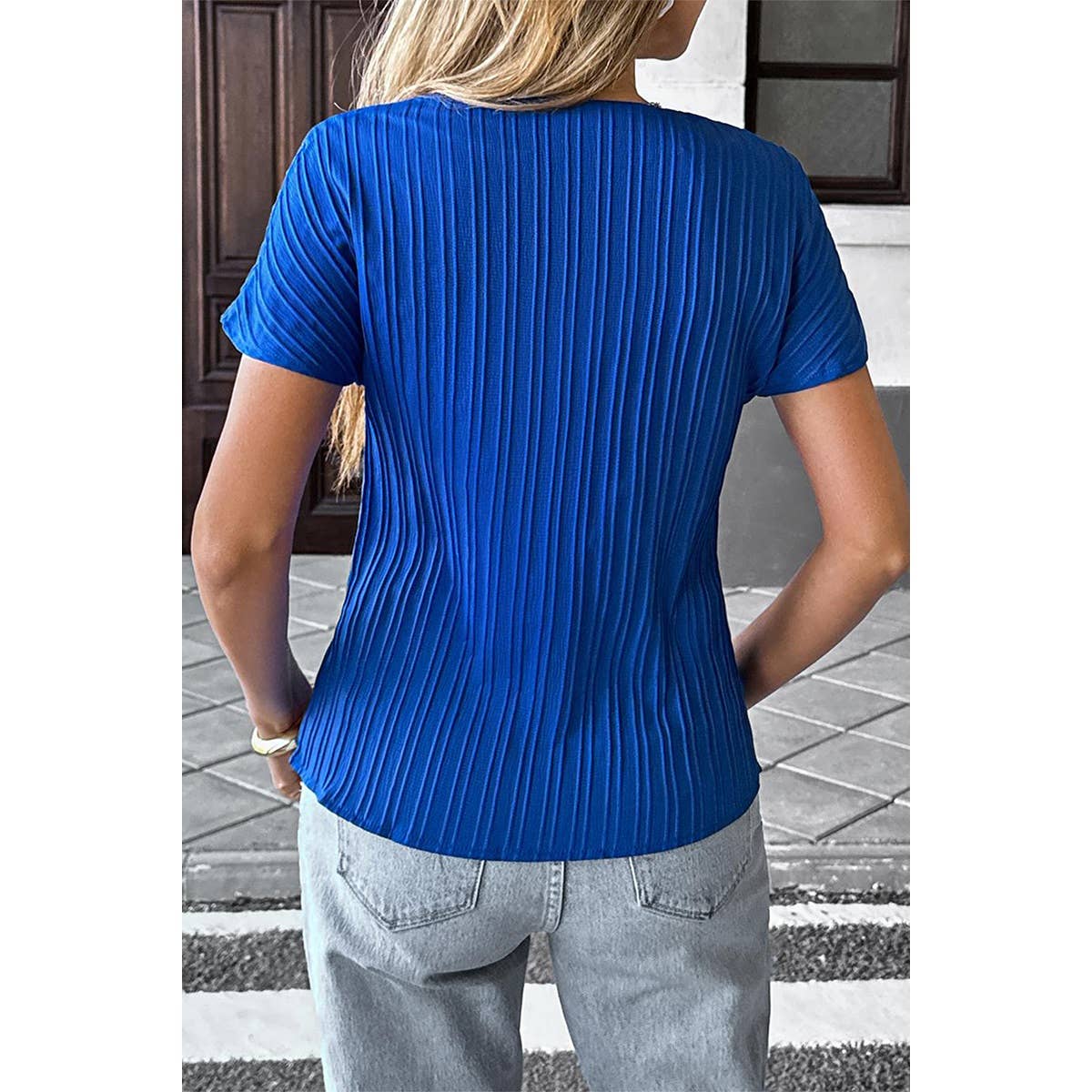 Solid Textured Notched Short Sleeve Blouse - MVTFASHION.COM