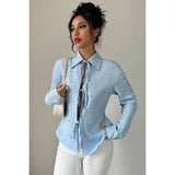 Solid Tie Front Pearl Embellished Fit Blouse - MVTFASHION.COM
