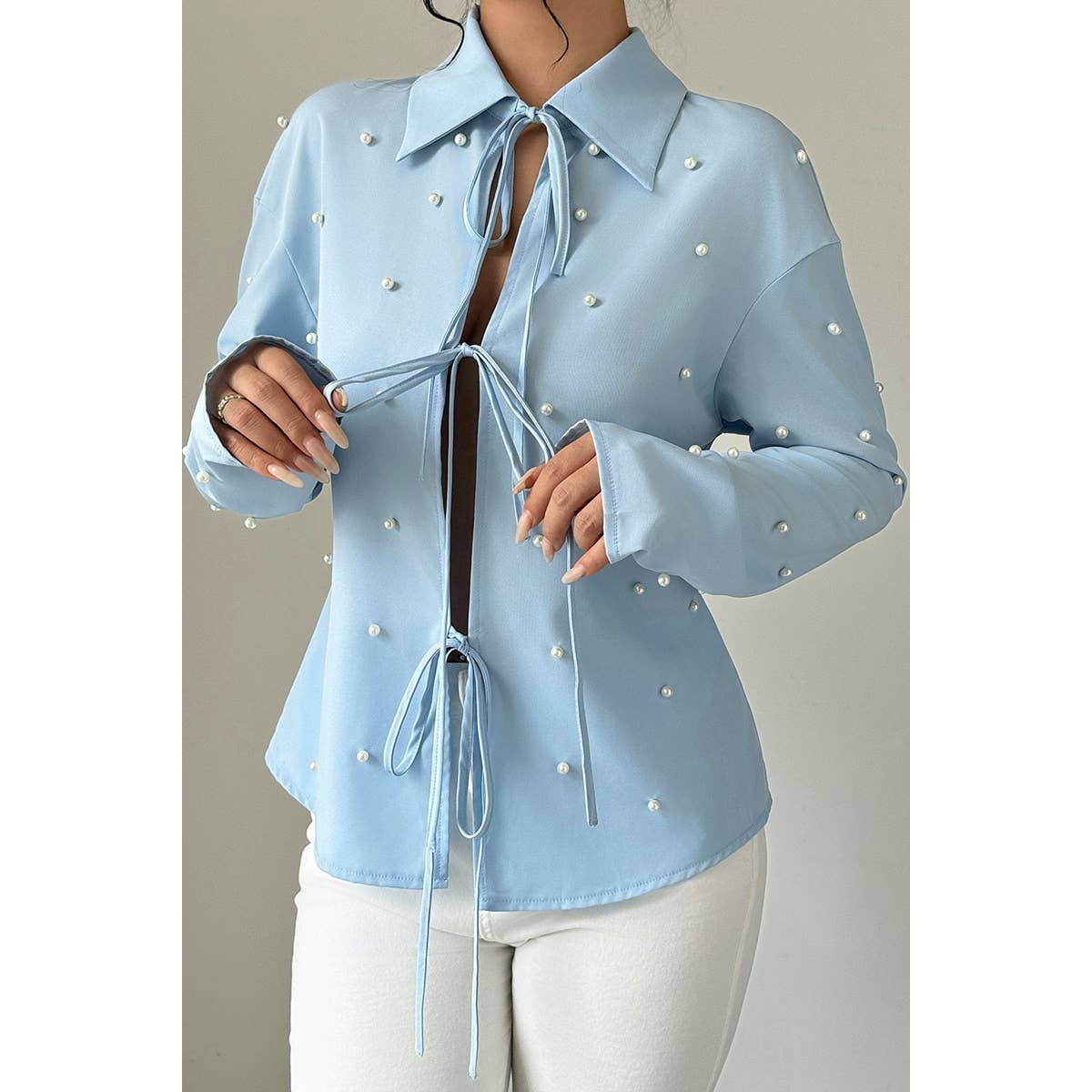 Solid Tie Front Pearl Embellished Fit Blouse - MVTFASHION.COM