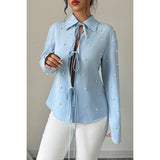 Solid Tie Front Pearl Embellished Fit Blouse - MVTFASHION.COM