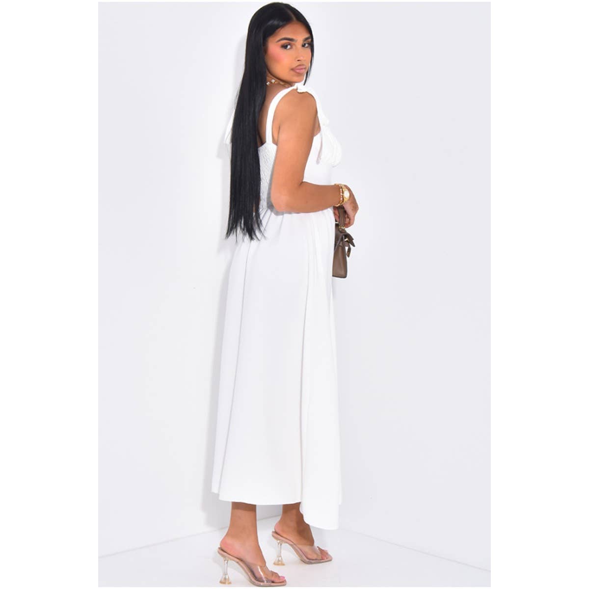 Solid Tie Straps Waist Corset Ruched Full Dress - MVTFASHION.COM